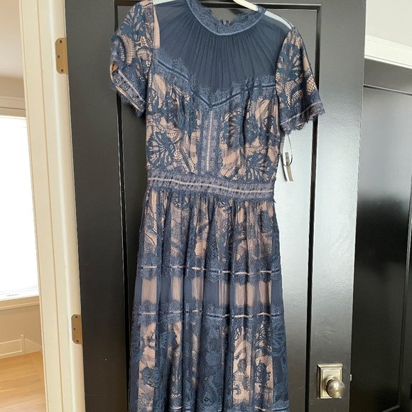 Elegant Navy Lace Midi Dress - Picture 3 of 6